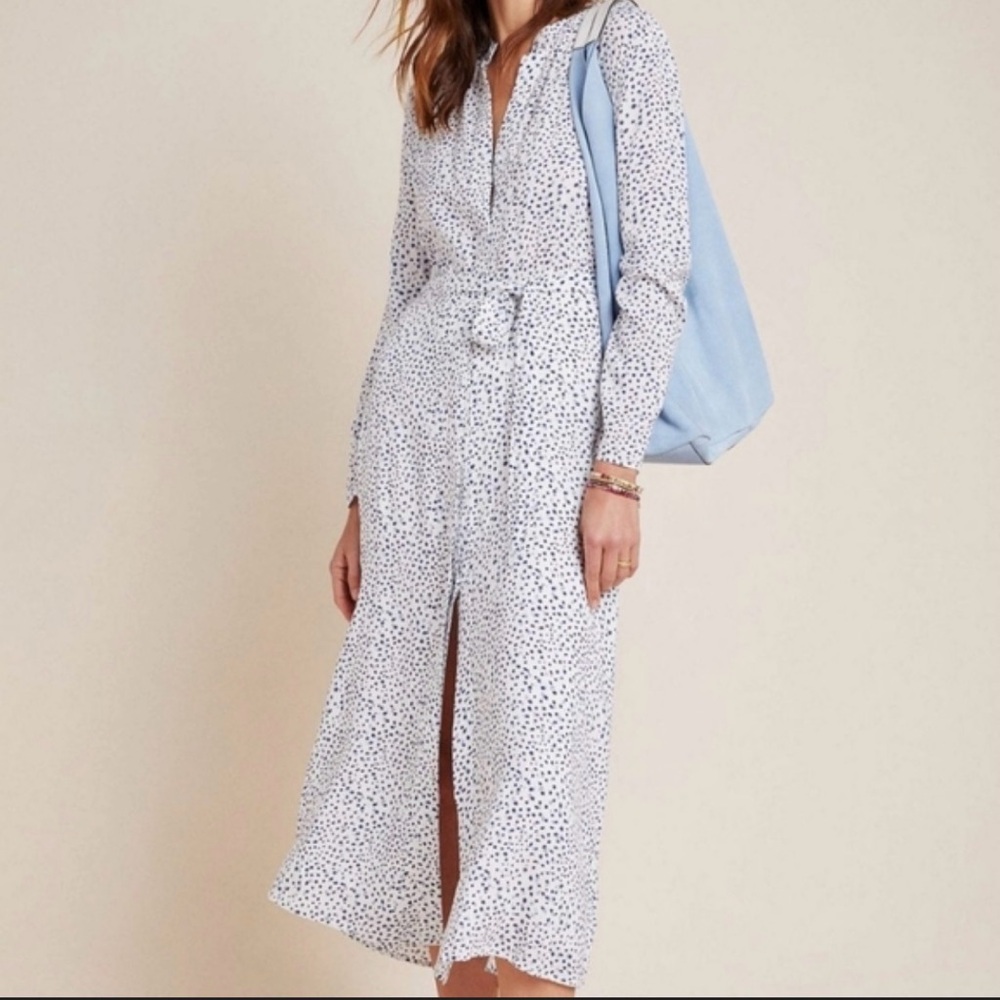 Anthropologie - Long Sleeve White Polka Dot Shirt Dress